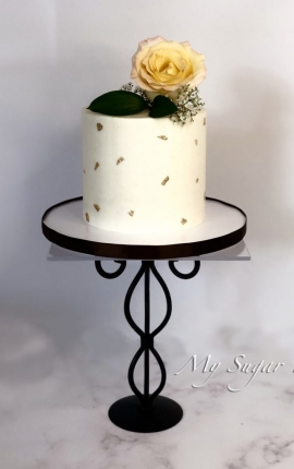 anniversary, cake, single tier, peach rose, gold leaf, buttercream