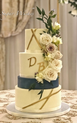 wedding cake, monogram wedding cake, gold stripes, fresh rose wedding