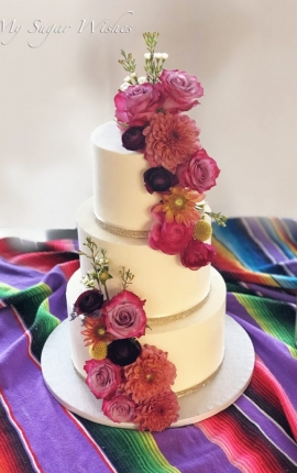 hot pink, wedding cake, 3 tier, hot pink roses, buttercream